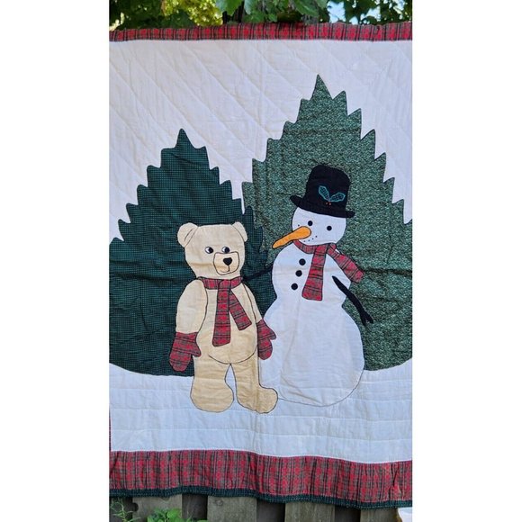 American Pacific Christmas Quilted Patchwork Throw/Wall Hanging Snowman Bear - Picture 2 of 12